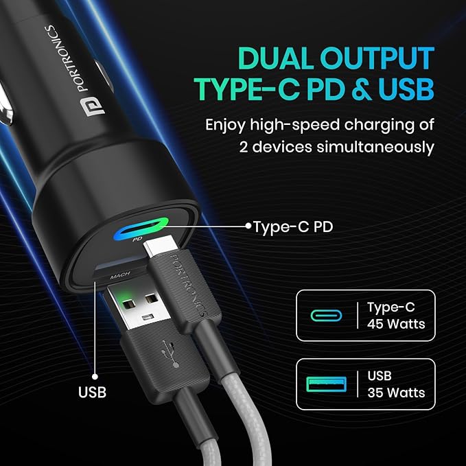 Portronics 80W Dual Output Fast Car Charger with Type-C PD & USB, LED Indicator, Charging Adapte - 1