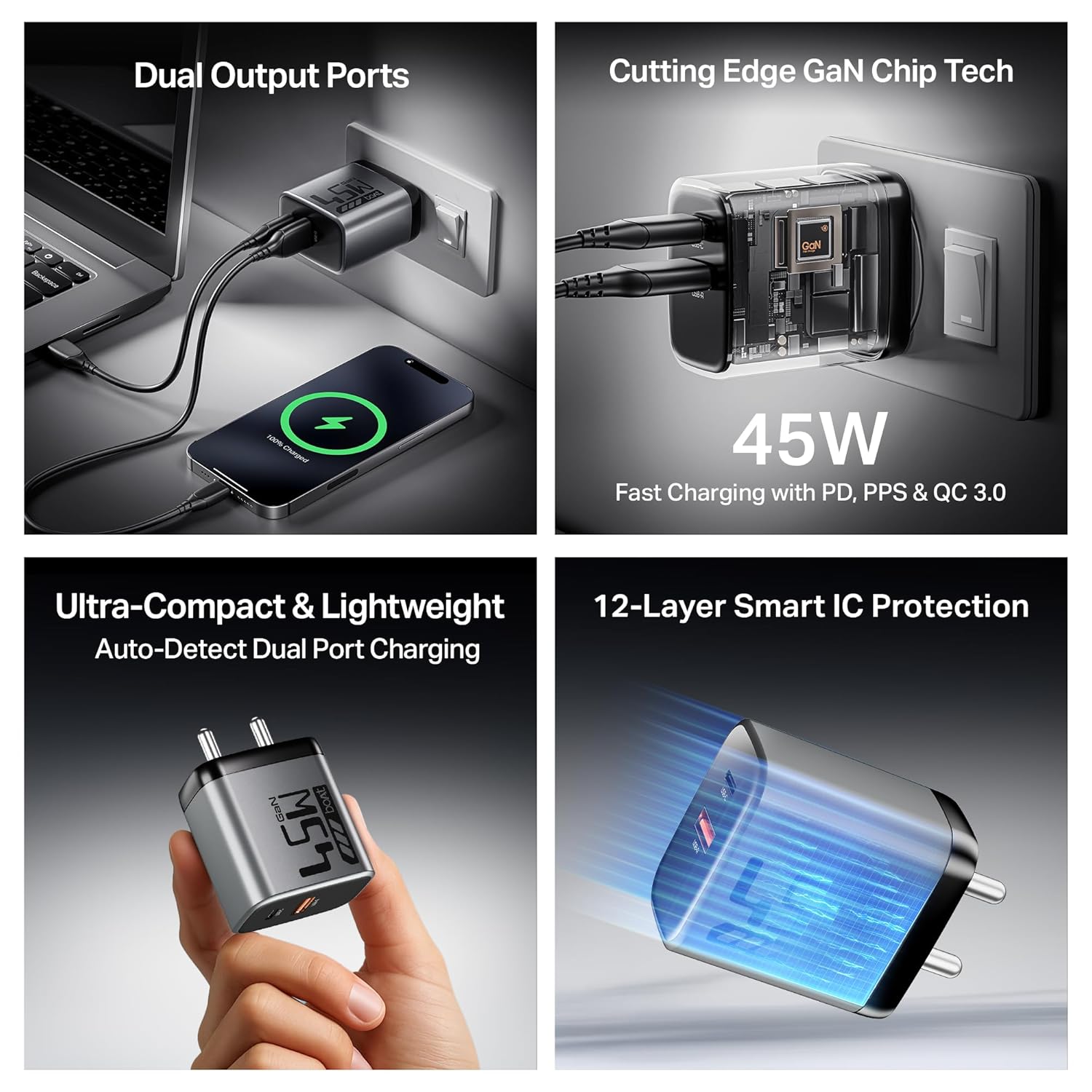 Boat 45W GaN Charger USB Type C, Ultra-Fast Dual Port for Fast Charging - 1
