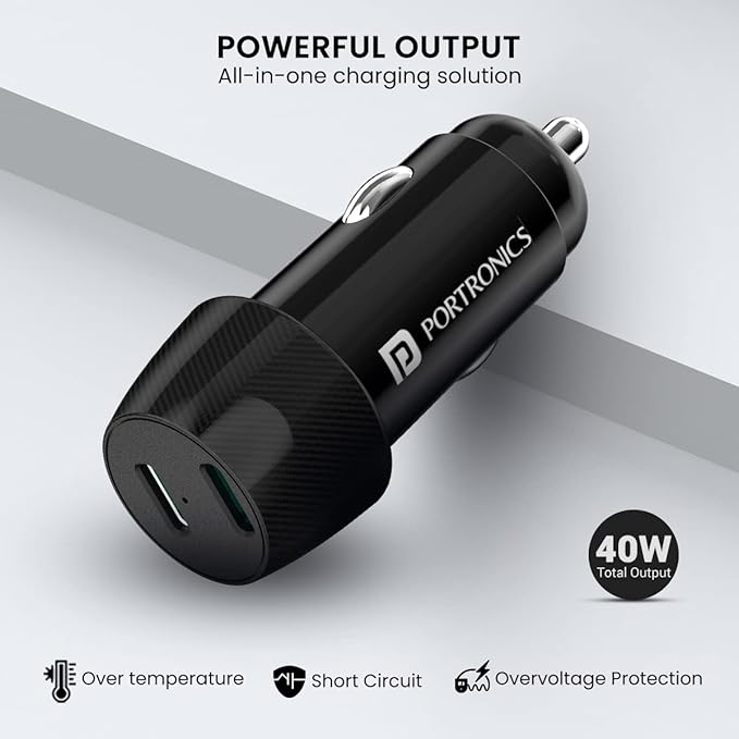 Portronics 40W Car Power 14 Fast Car Charger with Dual Type-C Output, PD Power Delivery, 40 Watts Total - 1