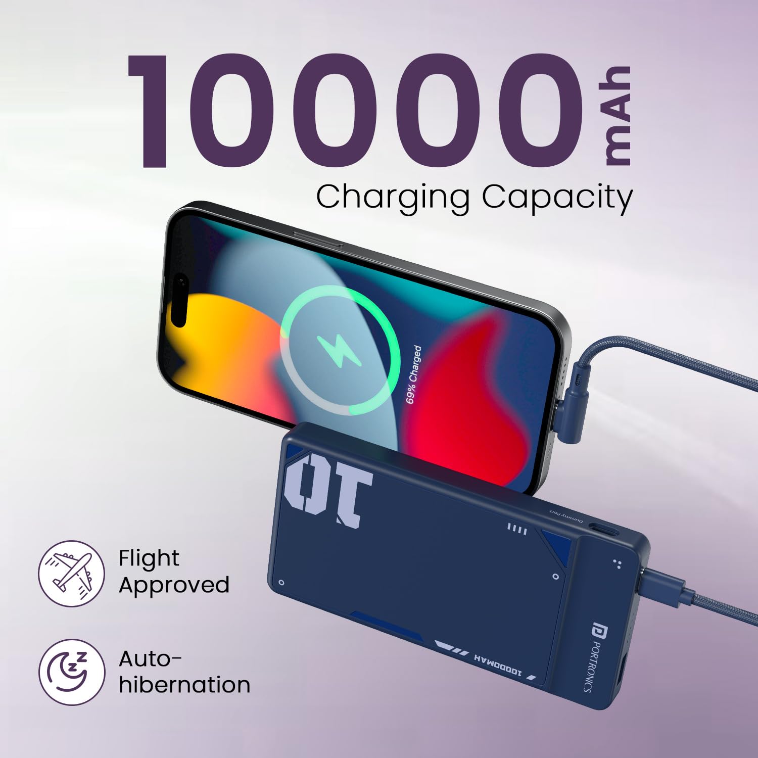 Portronics Luxcell Uno 10K 10000 mAh 22.5W Fast Charging Power Bank with Detachable Type C Cable - 1