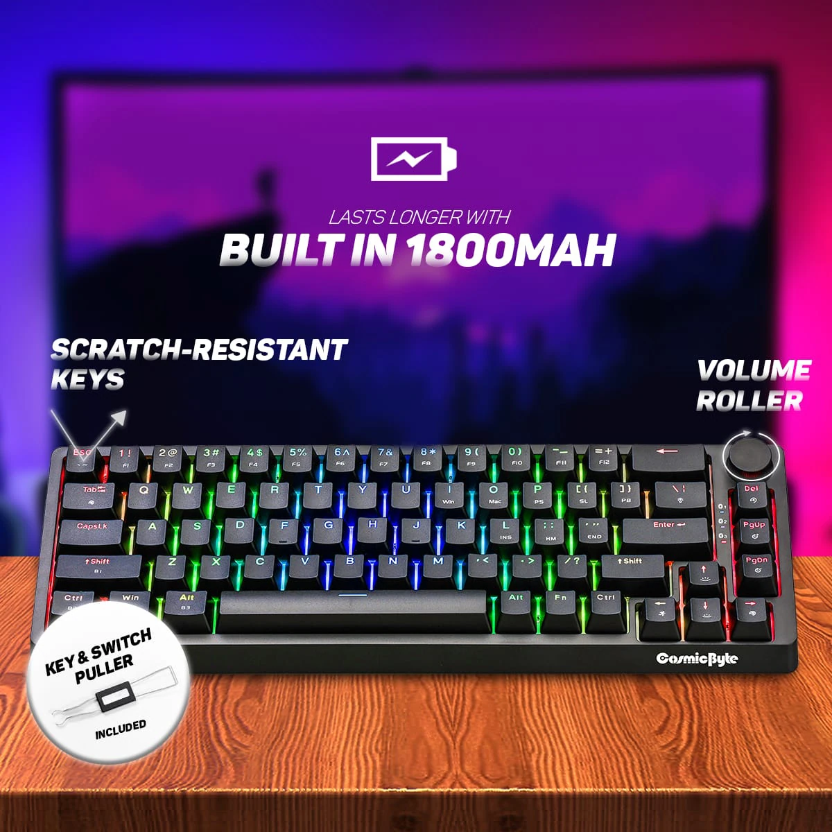 Cosmic Byte CB-GK-33 Astra Hot Swappable 67 Key Wired + Bluetooth Mechanical Keyboard, 1000Hz Polling Rate, Per Key RGB, Software Customization, Outemu Blue Switches - 1