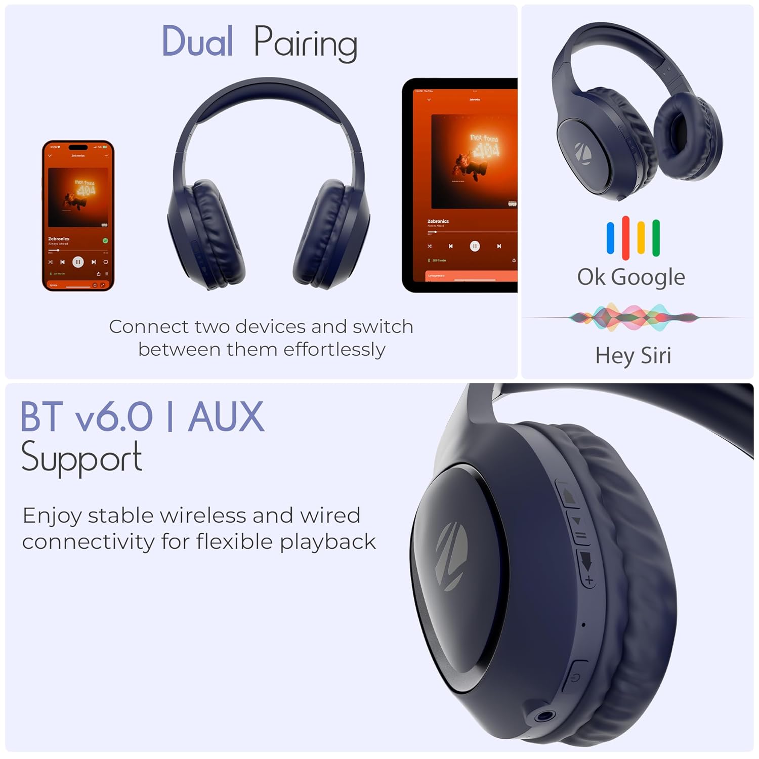Zebronics Thunder Neo Wireless Headphone, BT v6.0, True 50hrs Playback, 40mm Driver, ENC - 2
