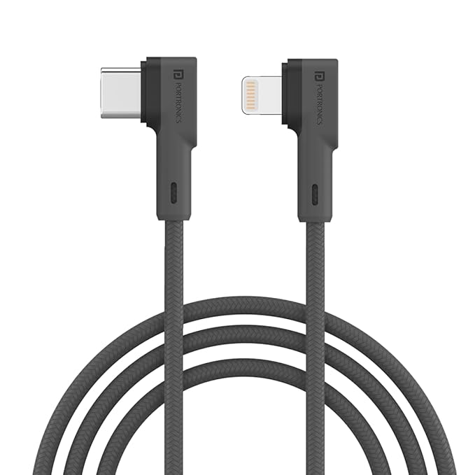 Portronics Konnect L 20W PD Quick Charge Type-C to 8-Pin USB Mobile Charging Cable, 1.2M, Tangle Resistant, Fast Data Sync(Grey) - 0
