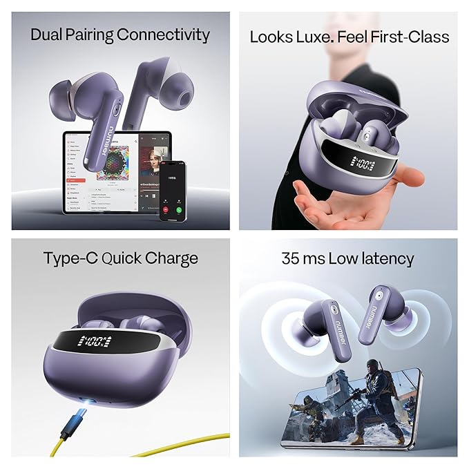 Number Navo Buds Z1 TWS Earbuds,72H Playtime,Digital Display Case,Quad-Mic ENC,Dual Pairing,Hi-Bass 13mm Drivers - 2
