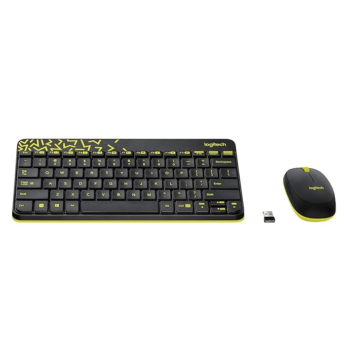 Logitech MK240 Nano Wireless Keyboard and Mouse Combo,12 Function Keys 2.4GHz Wireless, 1000DPI,Spill-Resistant Design, PC/Mac-Black/Chartreuse Yellow - 0