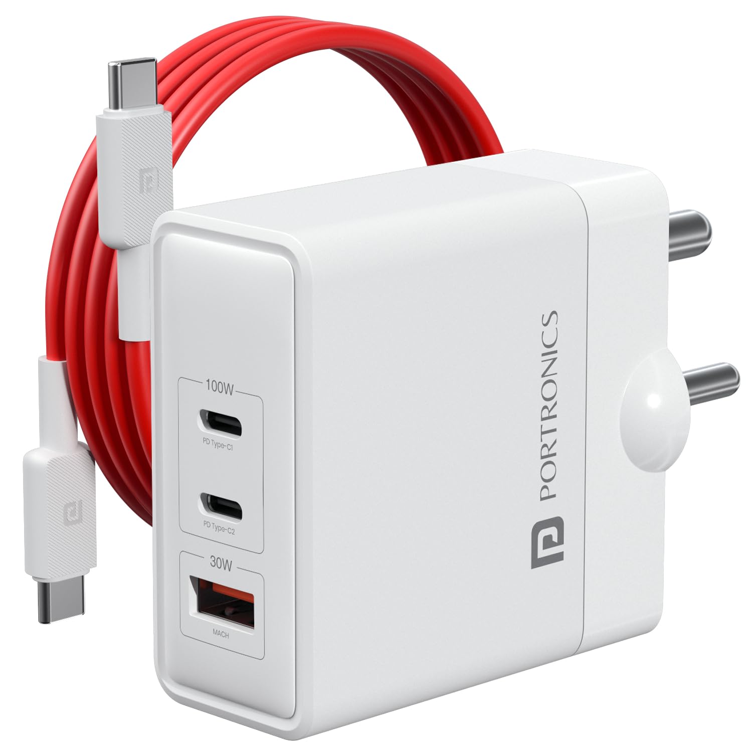 Portronics 100W Adapto 100 GaN Fast Charging Triple Port Adaptor with Type C Cable, 2 Type C PD Port - 0