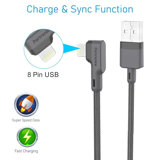 Portronics Konnect L 1.2M Fast Charging 3A 8 Pin USB Cable with Charge & Sync Function for iPhone, iPad (Grey) Total - 1