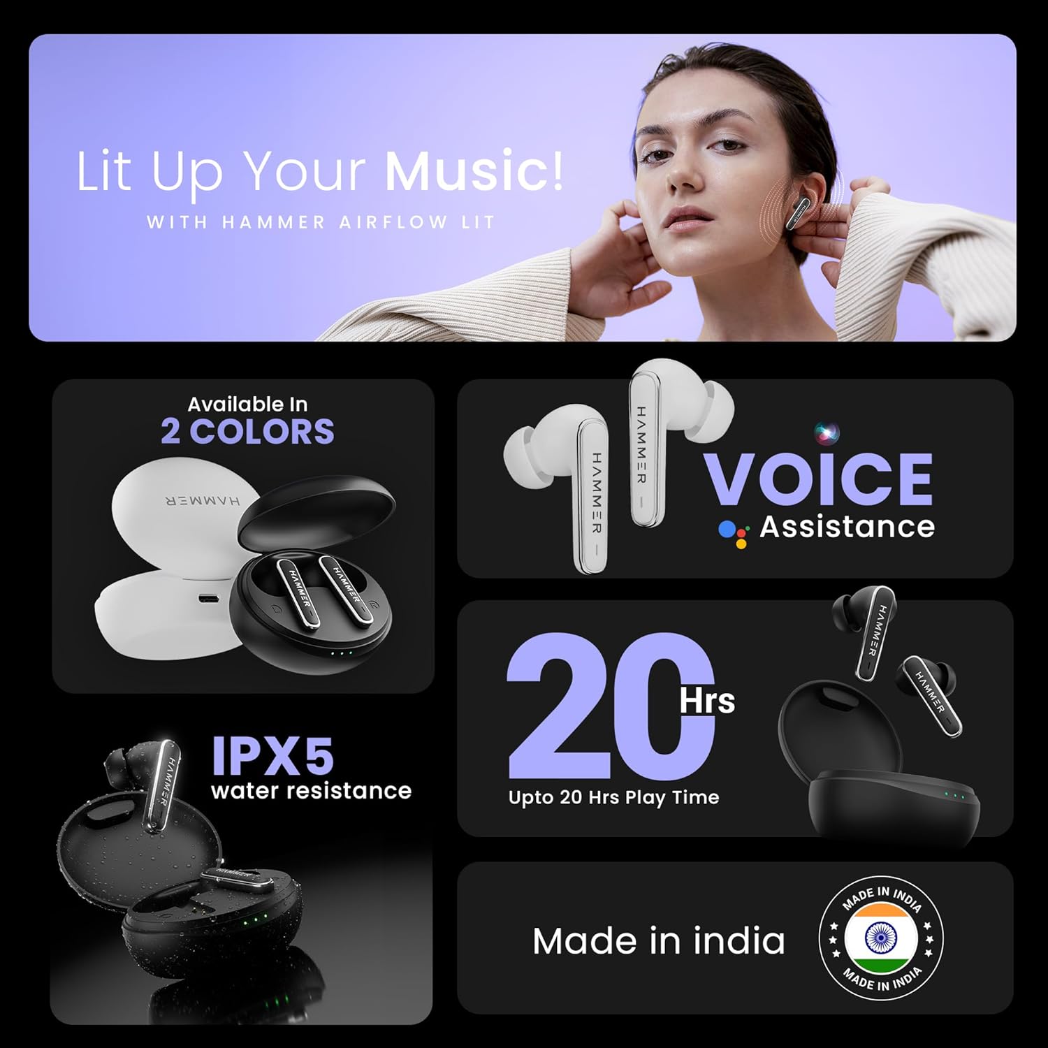 HAMMER Airflow Lit True Wireless Earbuds with Upto 20H Playtime, Type-C Charging - 1