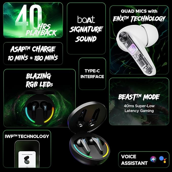 boAt Immortal 141 Tws Gaming in Ear Earbuds with Enx Tech,Up to 40 Hrs Playtime,Signature Sound,Beast Mode,Ipx4 - 2