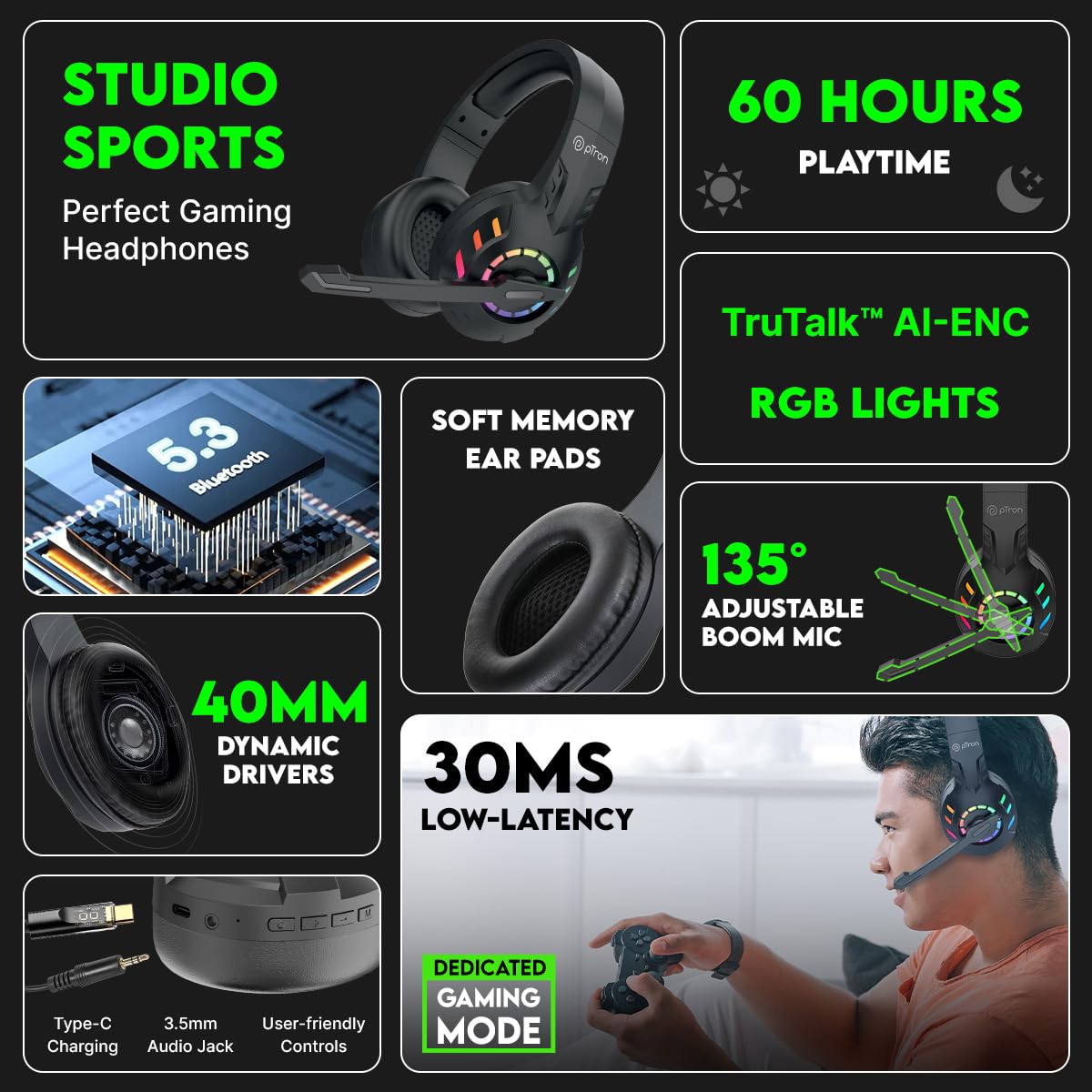 pTron Studio Sports Wireless BT Gaming Over-Ear Headphones, 30MS Low-Latency for Thrilling Gaming - 1