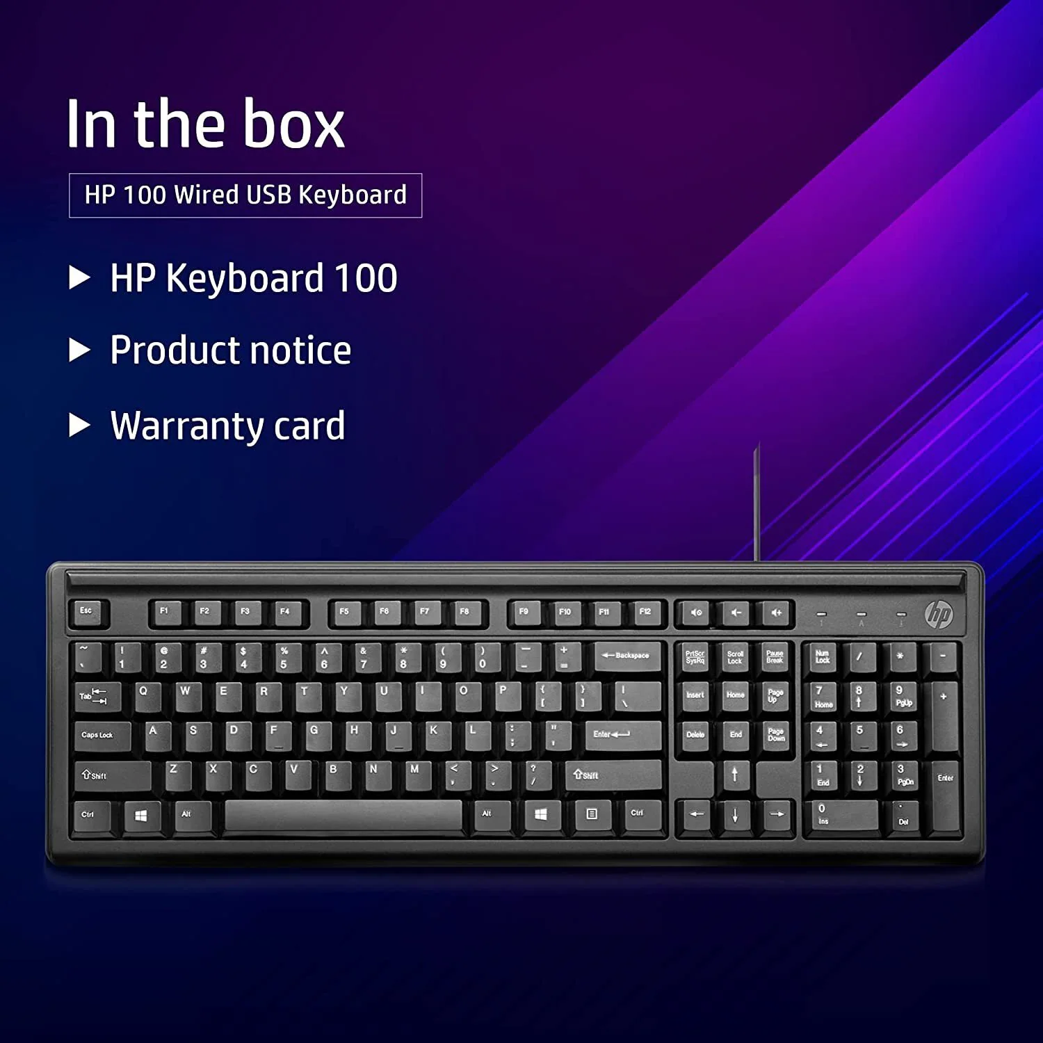 HP 100 Wired Keyboard with USB Compatibility,Numeric keypad, Full Range of 109 Key(Including 12 Function Keys and 3 Hotkeys),Adjustable Height and Con - 2