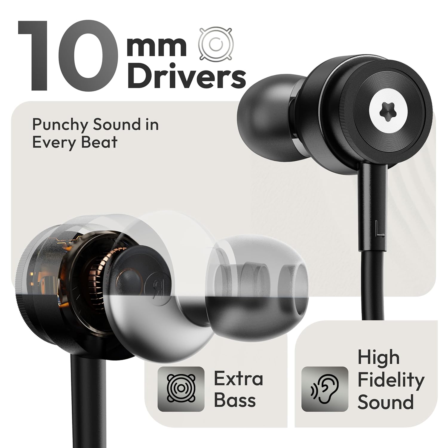 BOULT XO Black Wired Earphones with 3.5mm Jack, Extra Bass, 10mm Dynamic Driver - 2