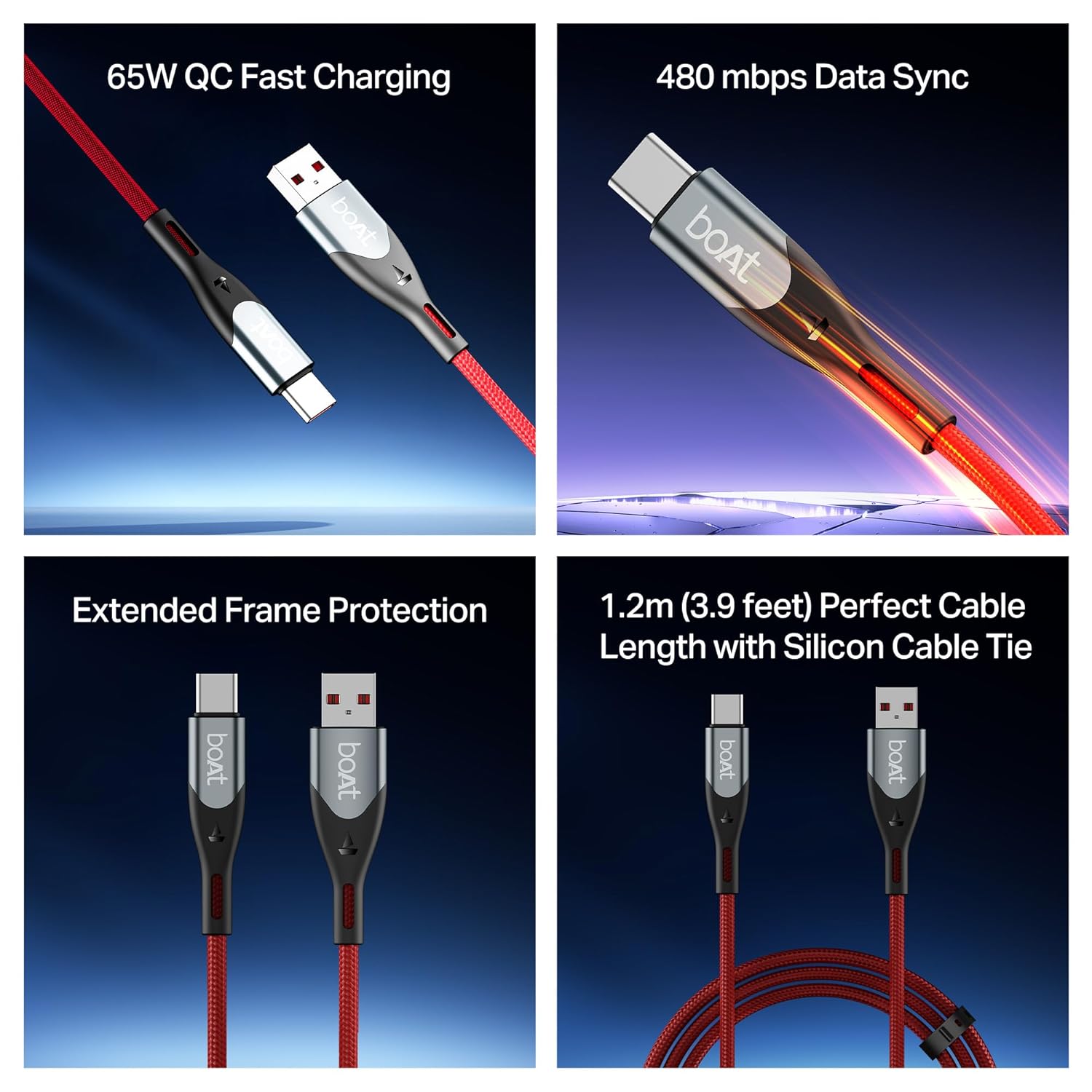 boAt Type A to C 65W Fast Charging Cable with 480 Mbps Data Transfer, Tangle-Free Cable in Premium Nylon - 1