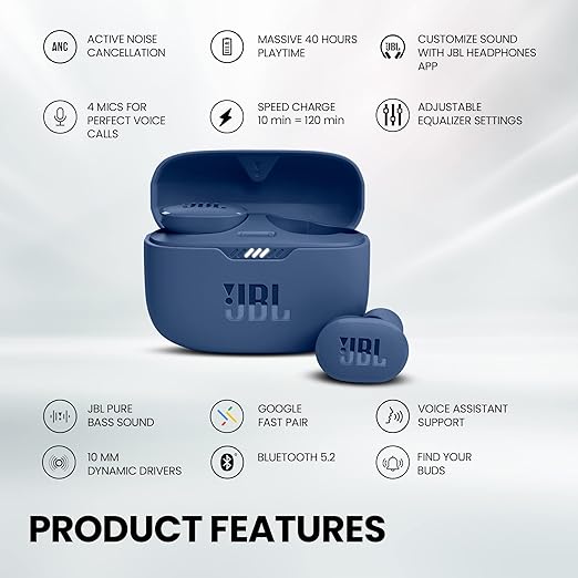 JBL Tune 130NC TWS | Active Noise Cancellation Earbuds (Upto 40dB) | JBL APP - Adjust EQ for Extra Bass | Massive 40Hrs Playtime | Legendary JBL S - 1
