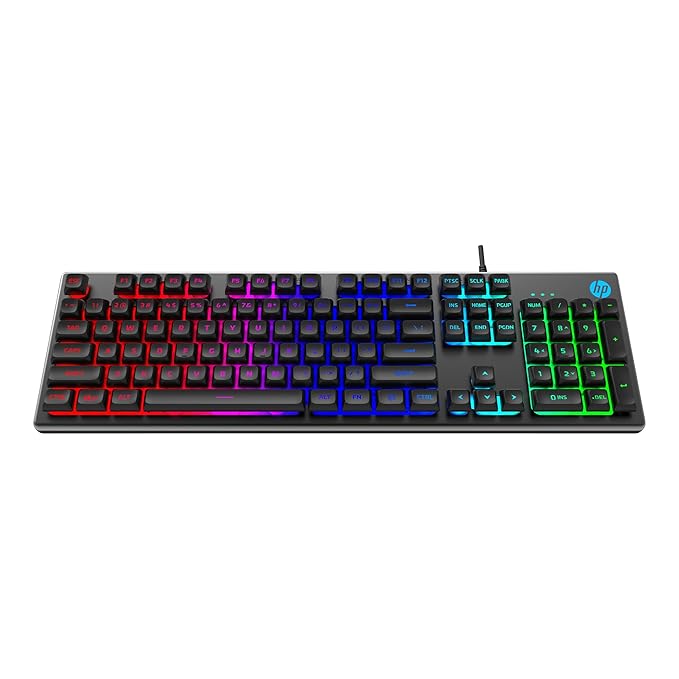 HP K500F Backlit Membrane Wired Gaming Keyboard with Mixed Color Lighting, Metal Panel with Logo Lighting, 26 Anti-Ghosting Keys, and Windows Lock Key - 0