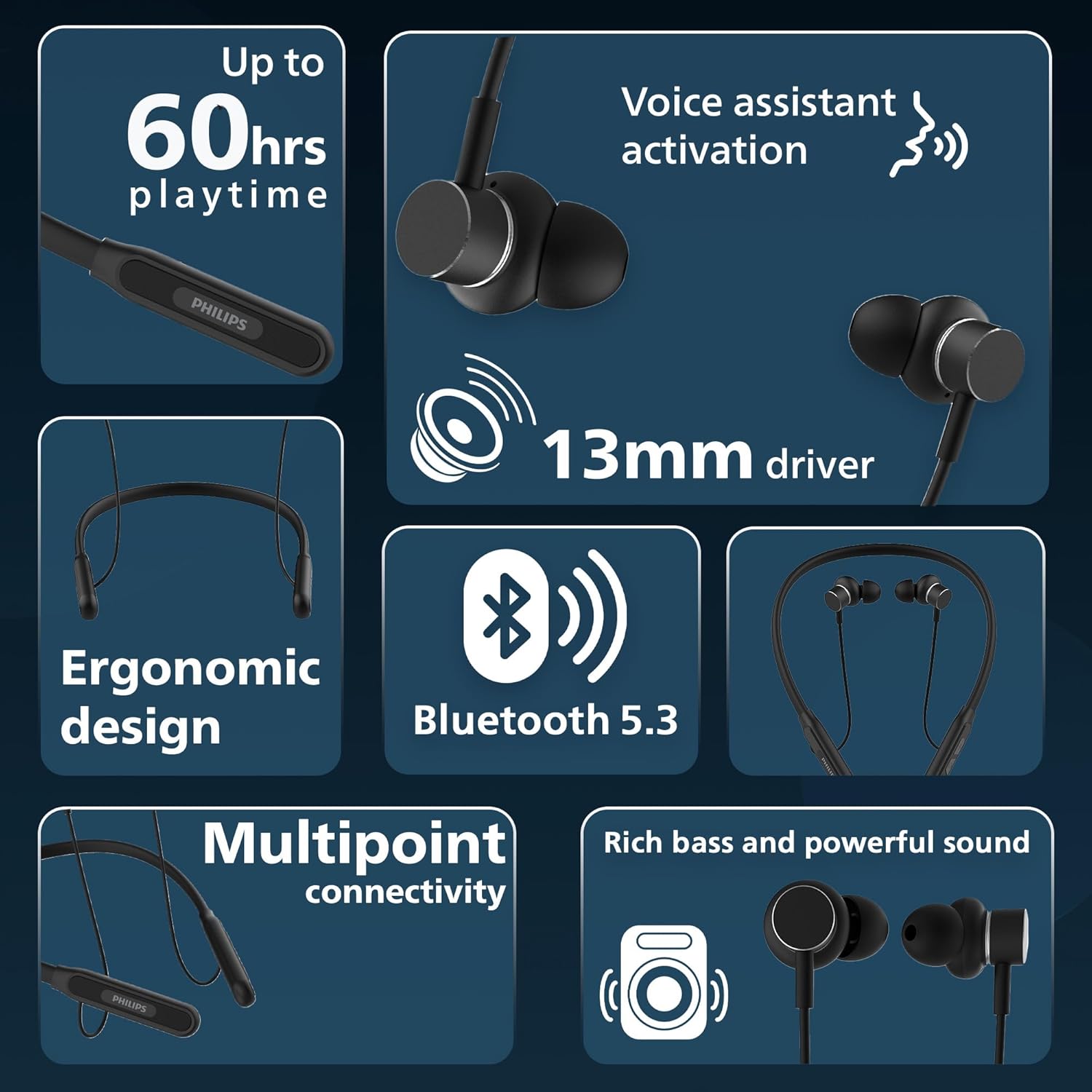 Philips TAN1150BK/94 Wireless Neckband with 60 Hr Playtime, Fast Charging, 13mm Deep Bass Drivers - 2