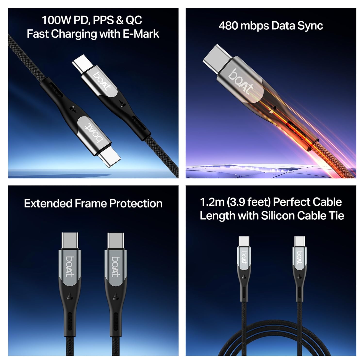 boAt Type C to C 100W/5A PD Fast Charging Cable with E-Mark, 480 Mbps Data Sync - 1