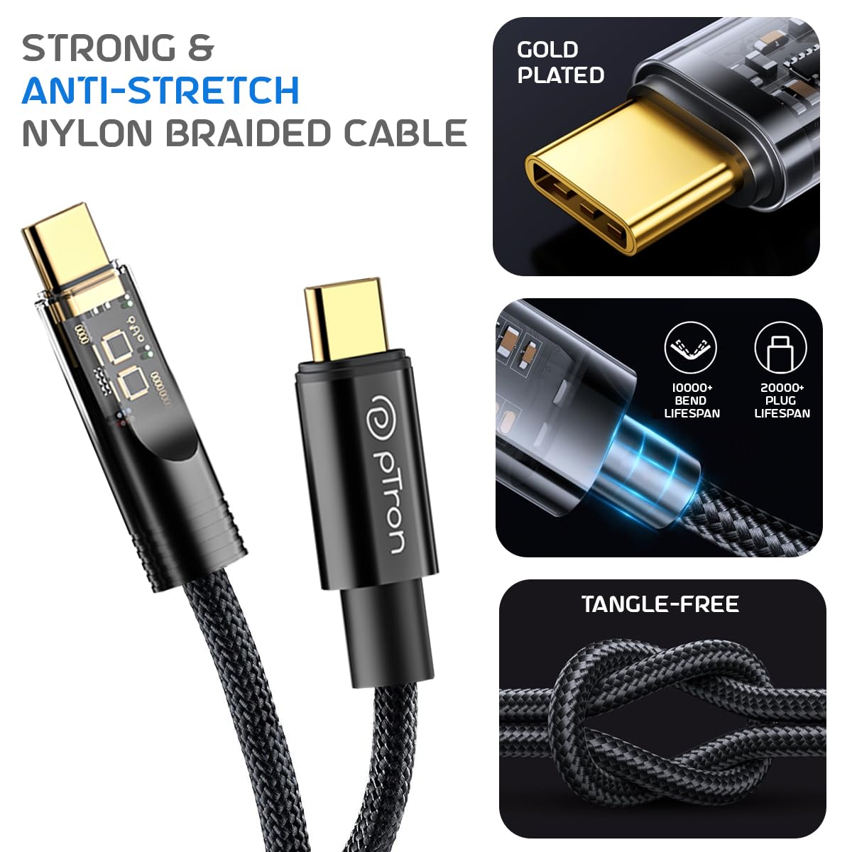 pTron Solero 80W Type-C to Type-C Fast Charging USB Cable Unbreakable Nylon Braid - 1