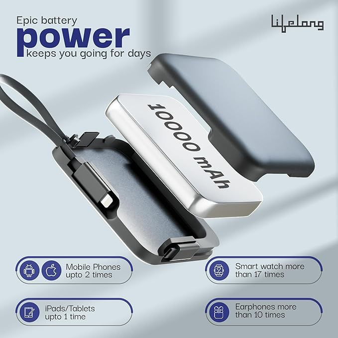 Lifelong zapcharge 10000mAh Slim Compact Power Bank | in-Built Type C & Lightning Cable - 2