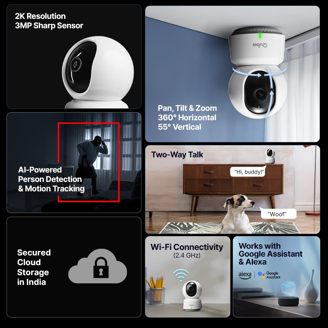 Qubo Smart 360° 3MP [2K] CCTV Camera | Wi-Fi Indoor Home Security Cam | AI Person Detection - 1