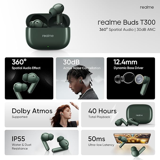 realme Buds T300 Truly Wireless in-Ear Earbuds with 30dB ANC, 360? Spatial Audio Effect, 12.4mm Dynamic Bass Boost Driver with Dolby Atmos Support, Upto 40Hrs Battery and Fast Charging - 2