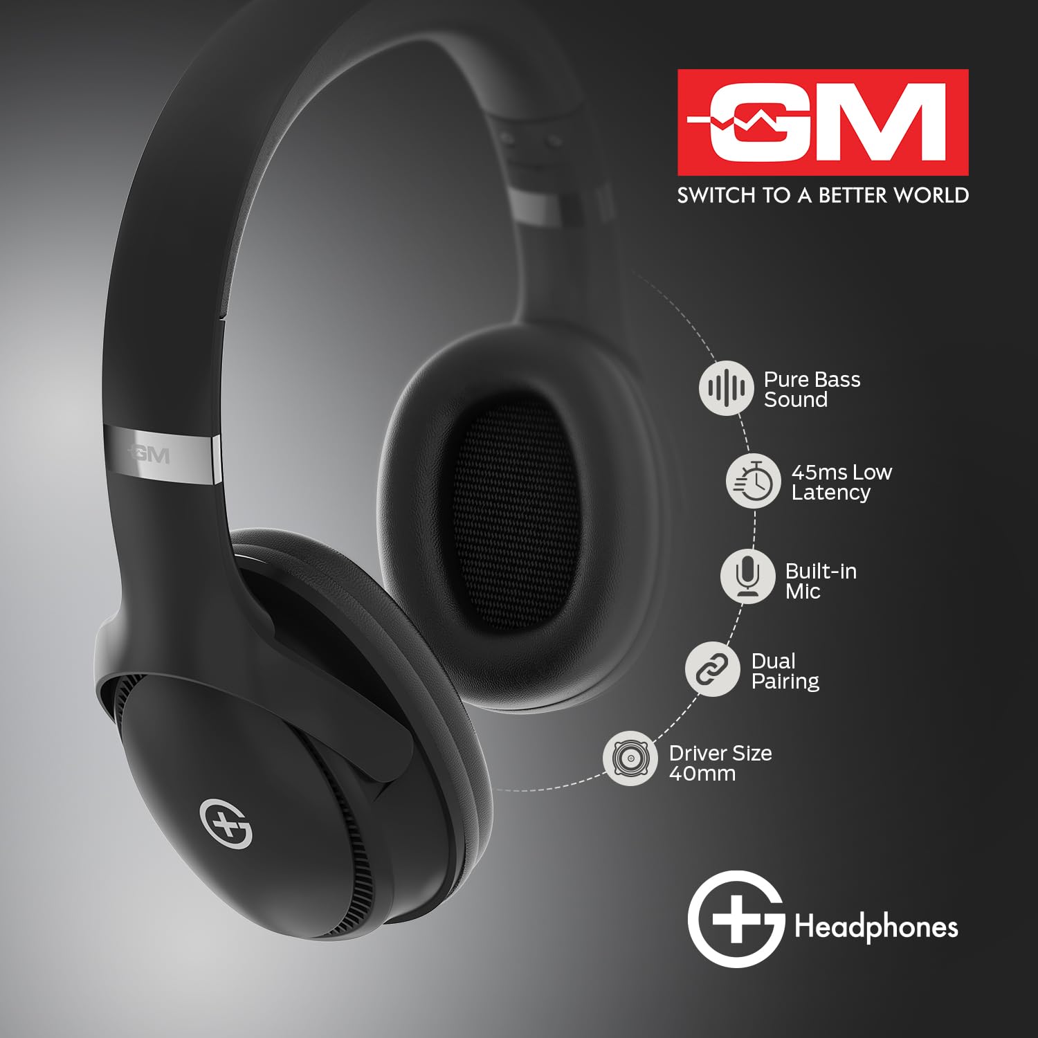 GM G+ Headphones, 70H Playtime Over The Ear Headphones with Mic, BT 5.3, Pure BassGM G+ Headphones, 70H Playtime Over The Ear Headphones with Mic, BT 5.3, Pure Bass - 1