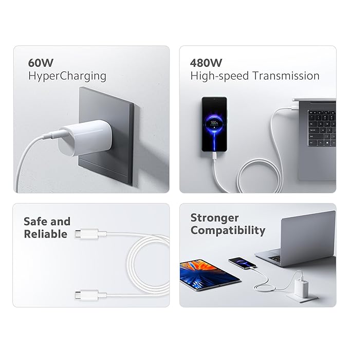 Mi Original HyperCharge 60W Type C to Type C Cable for Smartphones, Tablets, Laptops, Macbook & other Type C devices, 480Mbps Data Sync - 1