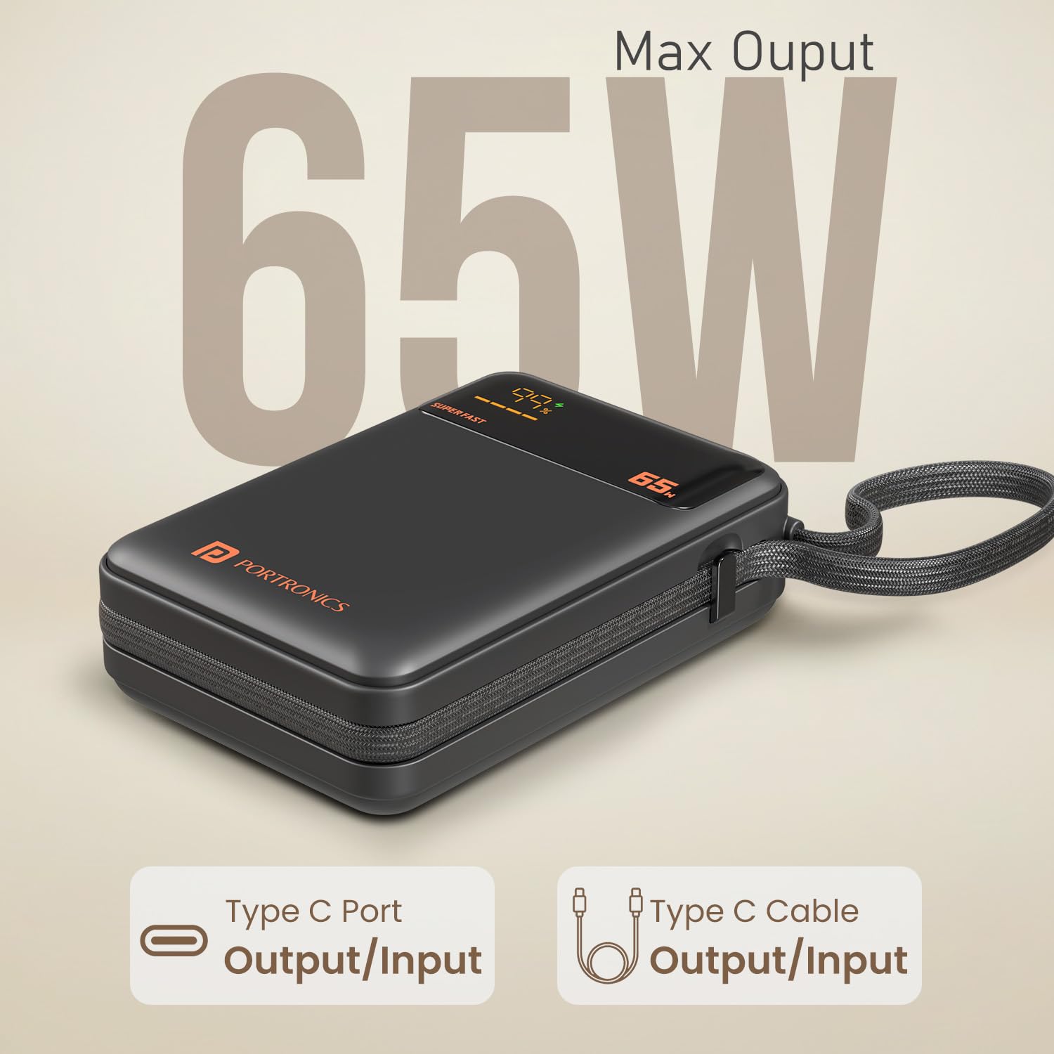 Portronics 65W Ignis 65 20000mAh Fast Charging Powerbank with in-Built Type C Cable - 2
