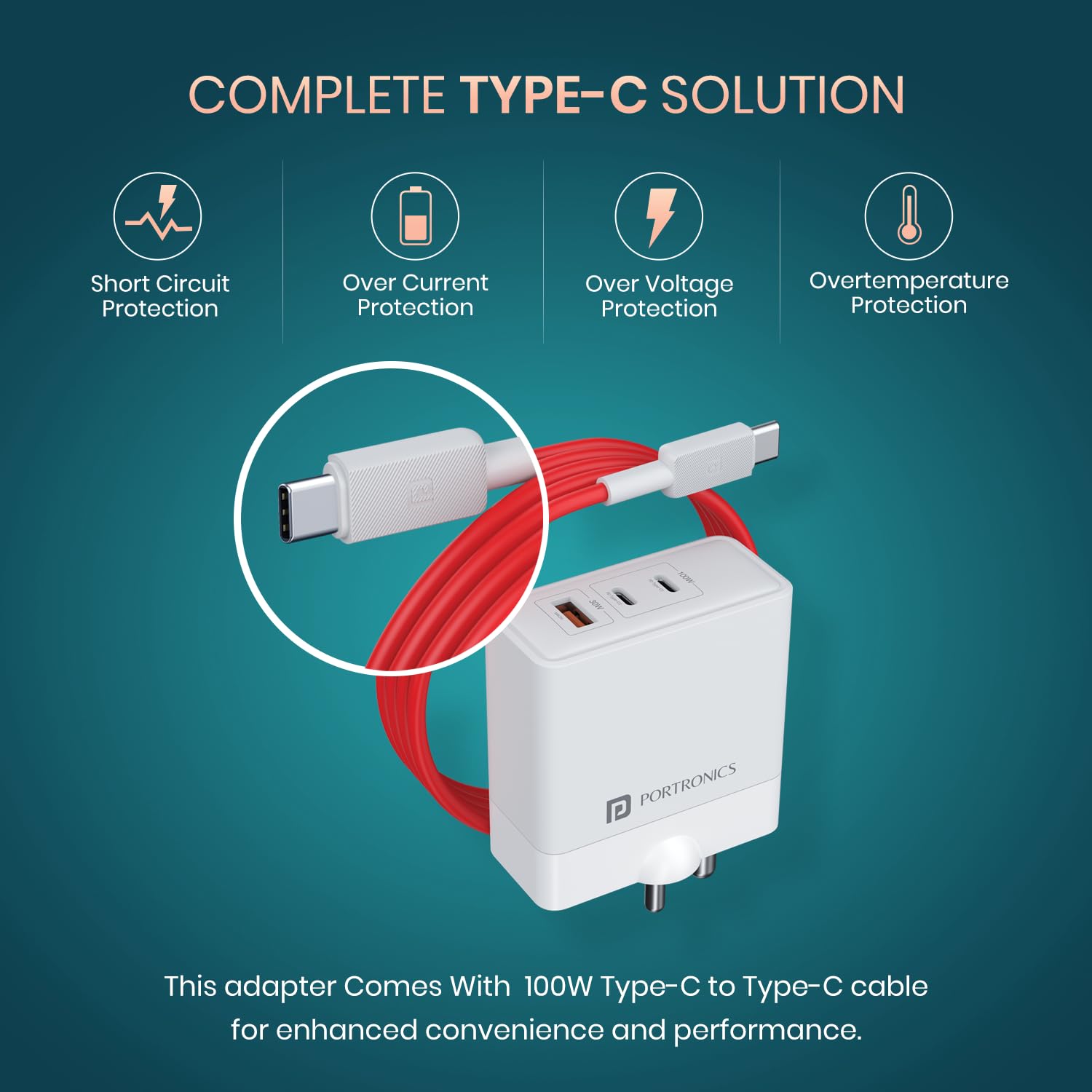 Portronics 100W Adapto 100 GaN Fast Charging Triple Port Adaptor with Type C Cable, 2 Type C PD Port - 1