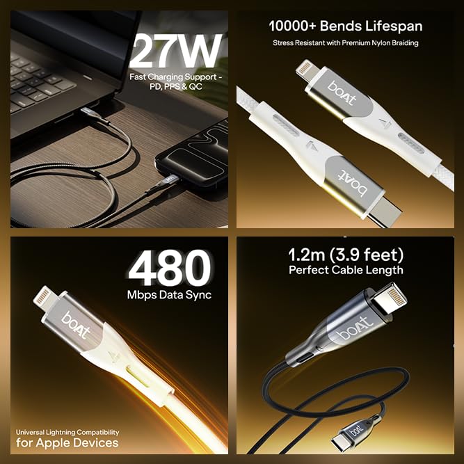 Boat Type C to Lighting Cable for 27W Fast Charging | 480 Mbps Data Transfer | 1.2 m (3.9 ft) Perfect Cable Length - 2