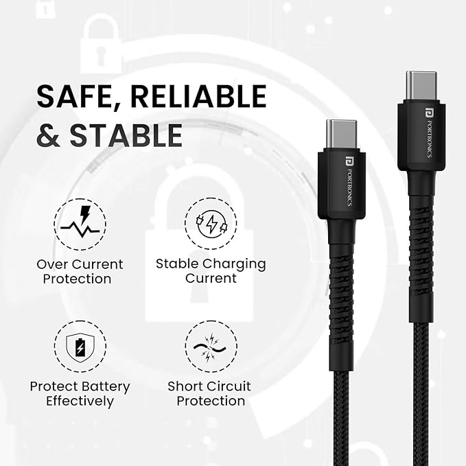 Portronics Konnect X 60W Type C to Type C Unbreakable Nylon Braided Cable, 1M Fast Charging Cable - 1
