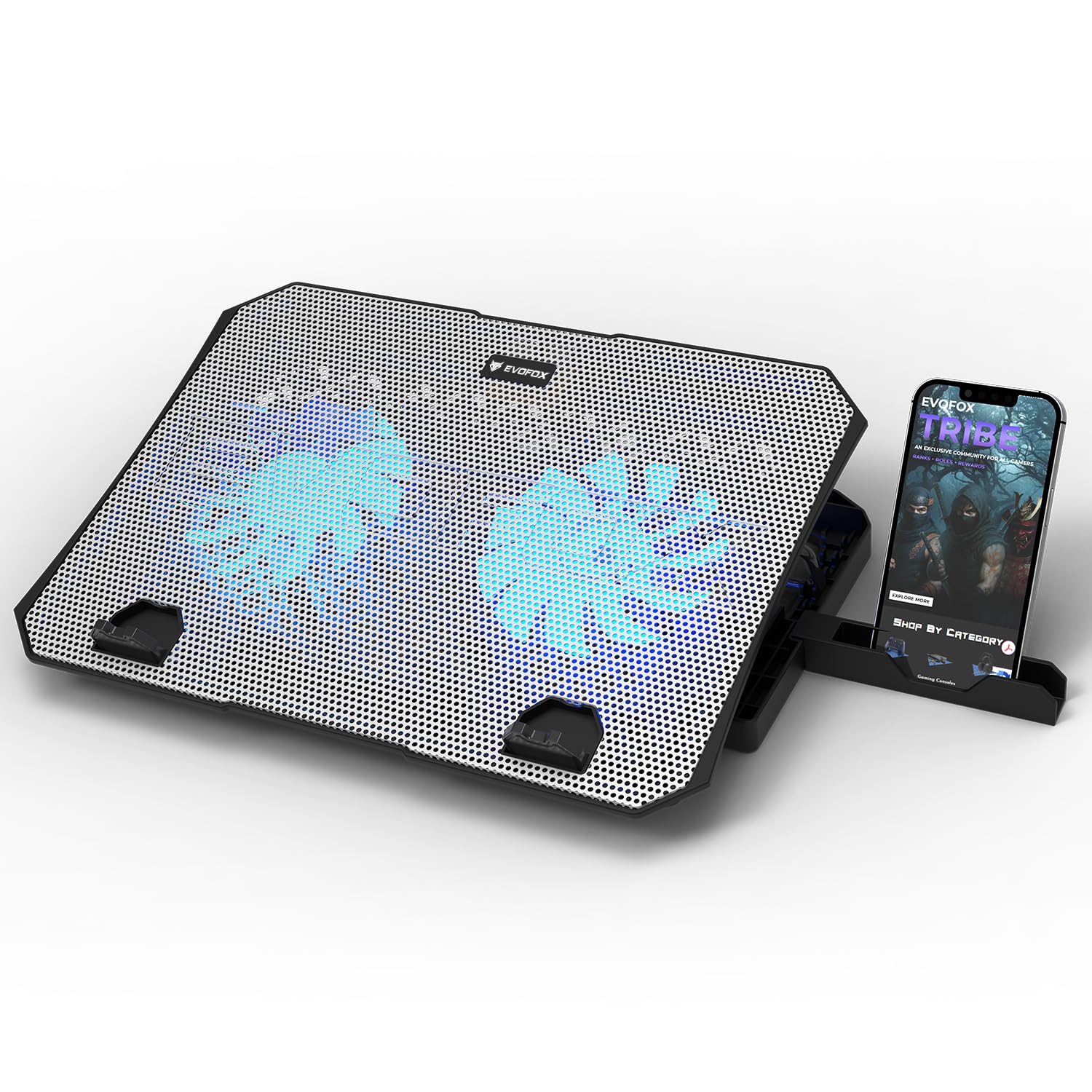 EvoFox Frost Laptop Cooling Pad with Phone Stand, 1000 RPM 2X Silent Fans, 5 Adjustable Angles, LED Lights - 1