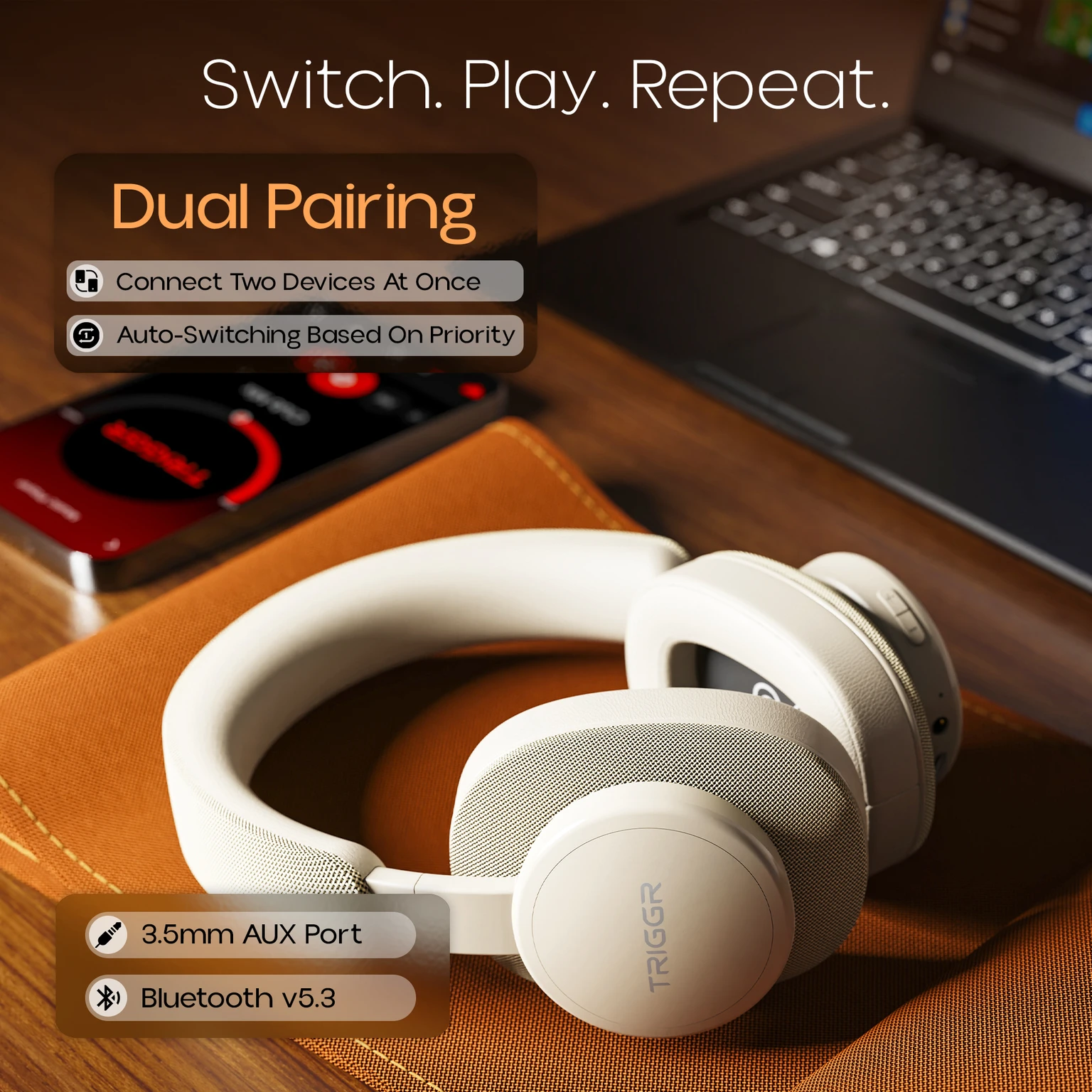 TRIGGR Trinity 3 with Fabric Finish, Dual Pairing, 50H Battery, Foldable Design, v5.3 Bluetooth Headset - 2