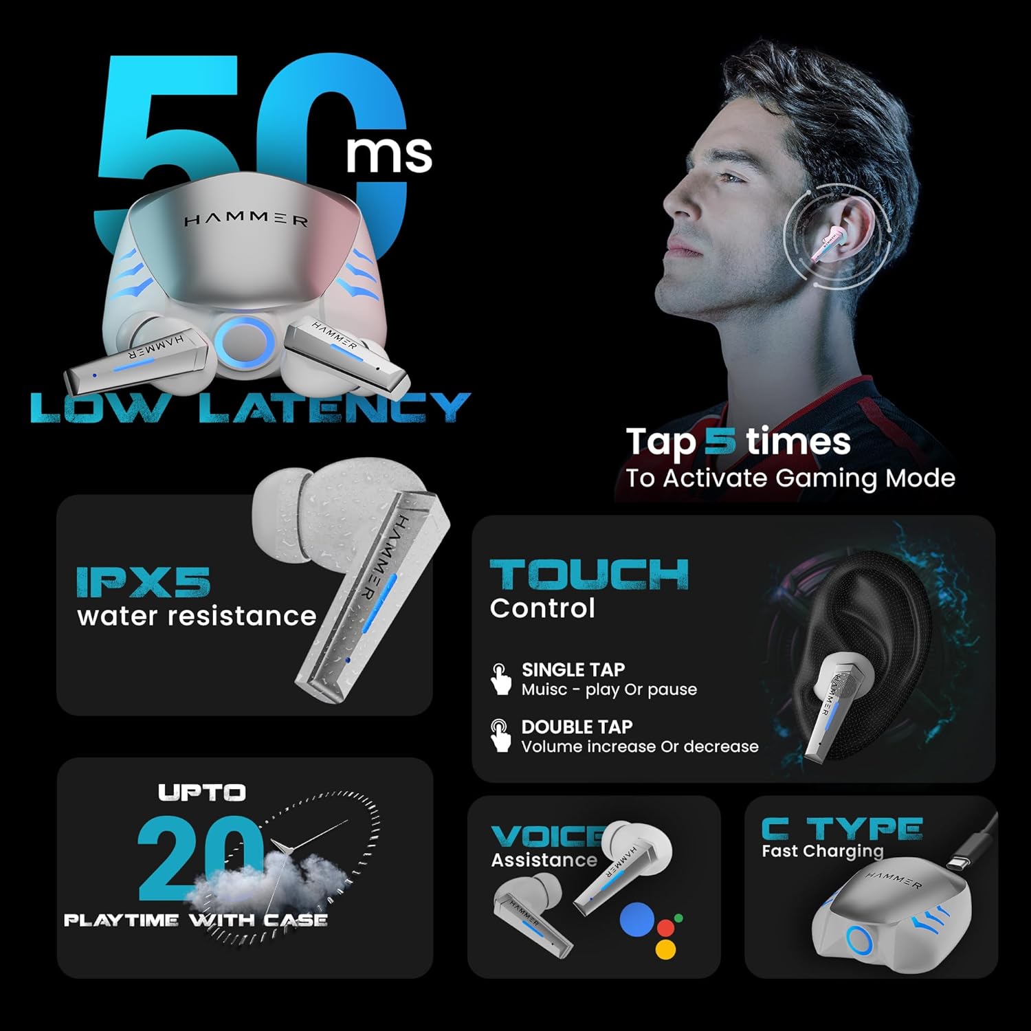 HAMMER Arcade True Wirelss Gaming Earbuds with RGB Lights, 50ms Low Latency - 1