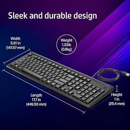 HP 100 Wired Keyboard with USB Compatibility,Numeric keypad, Full Range of 109 Key(Including 12 Function Keys and 3 Hotkeys),Adjustable Height and Con - 1
