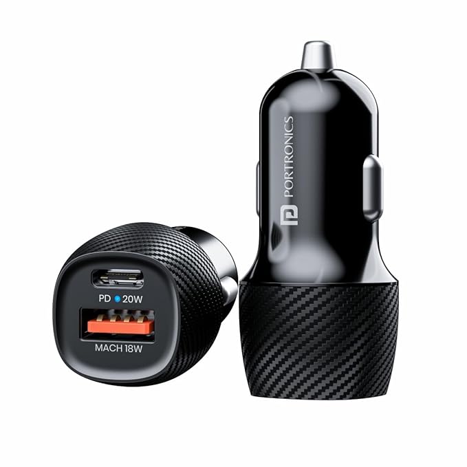 Portronics 20W Car Power 17 Car Charger Adapter with Dual Output (20W PD Type C Port + 18W USB A Mach 3.0 Port) - 0