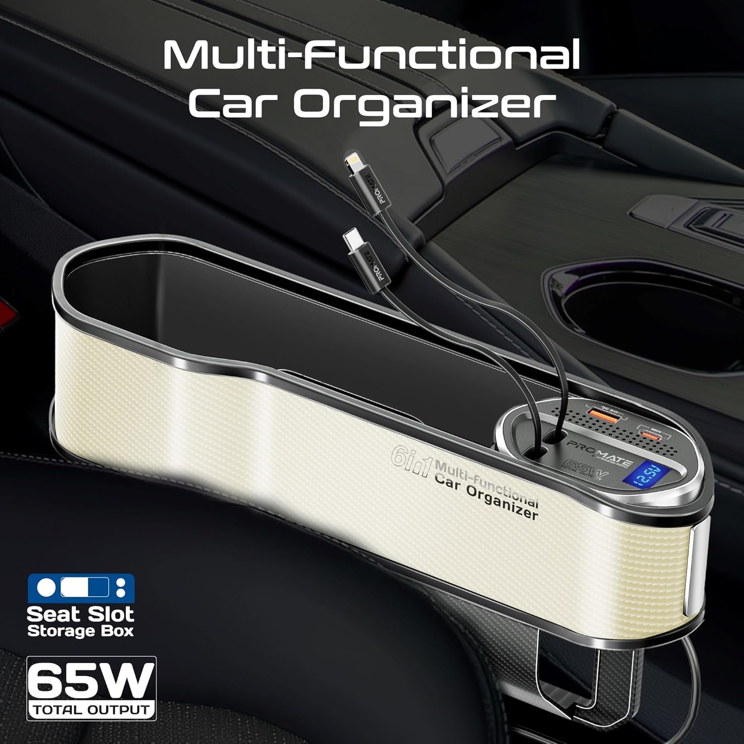 Promate CarMate 6 in 1 Multi-Functional Car Organizer, 65W Charging Station - 1