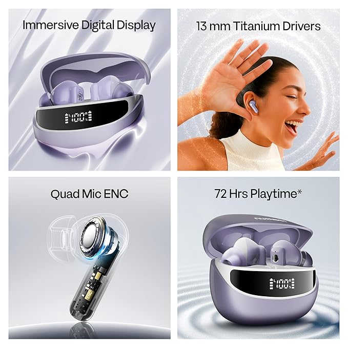 Number Navo Buds Z1 TWS Earbuds,72H Playtime,Digital Display Case,Quad-Mic ENC,Dual Pairing,Hi-Bass 13mm Drivers - 1