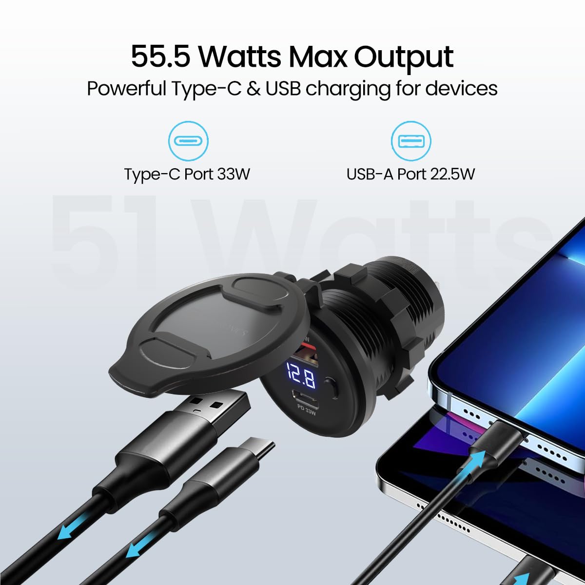 Portronics Spark 51W Multi-Vehicle Phone Charger, 33W Type-C Power Delivery, 18W USB Fast Charging - 1