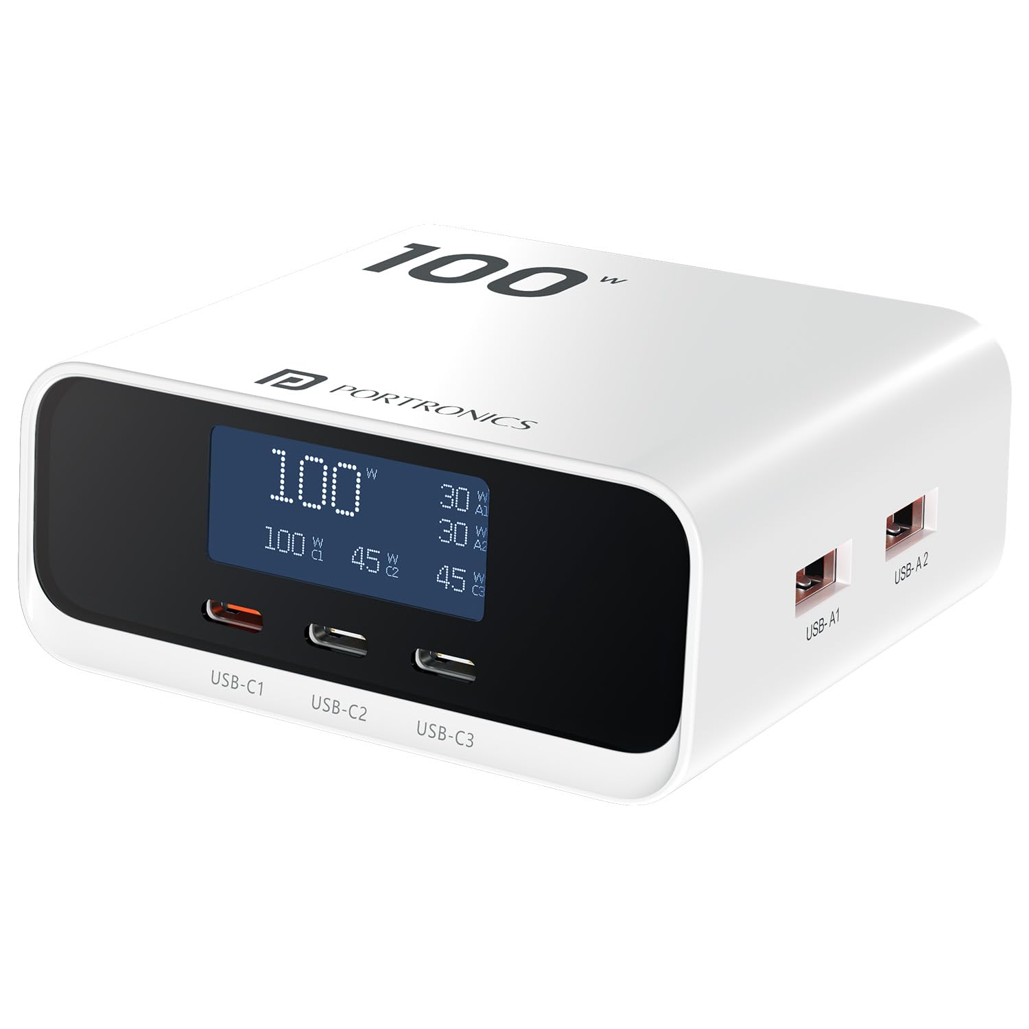 Portronics 100W Adapto 100D Fast Charging 5 Port Adaptor with LCD Power Display - 0