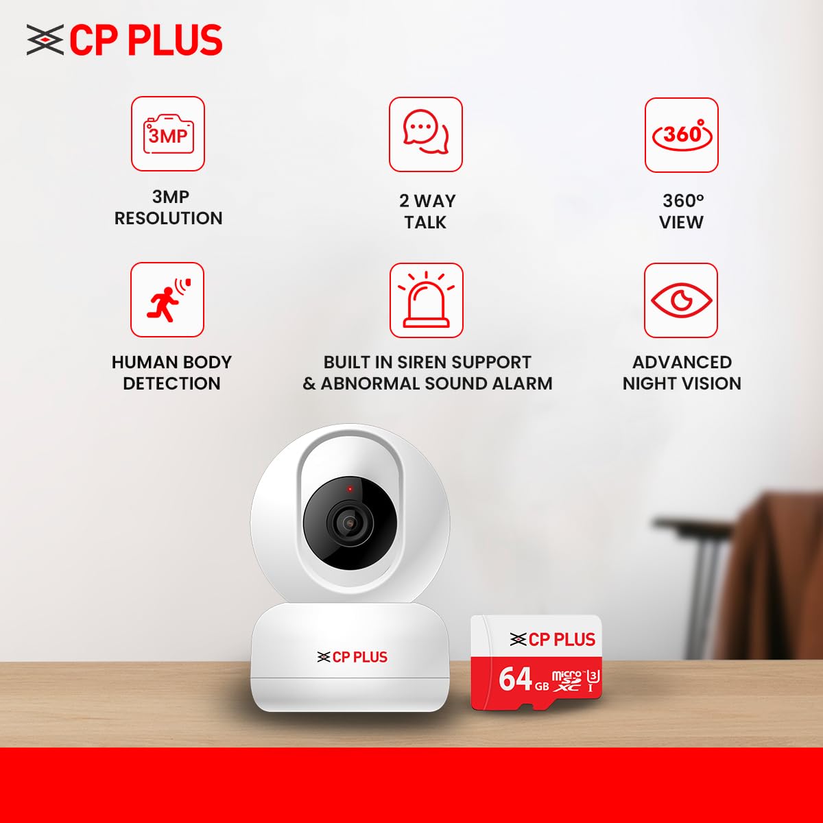 CP PLUS 3MP Full HD Smart Wi-Fi CCTV Home Security Camera CP-E36AM | 360° with Pan Tilt | 2 Way Talk | Motion Alert | Night Vision | 64GB Card SD Card not included - 1