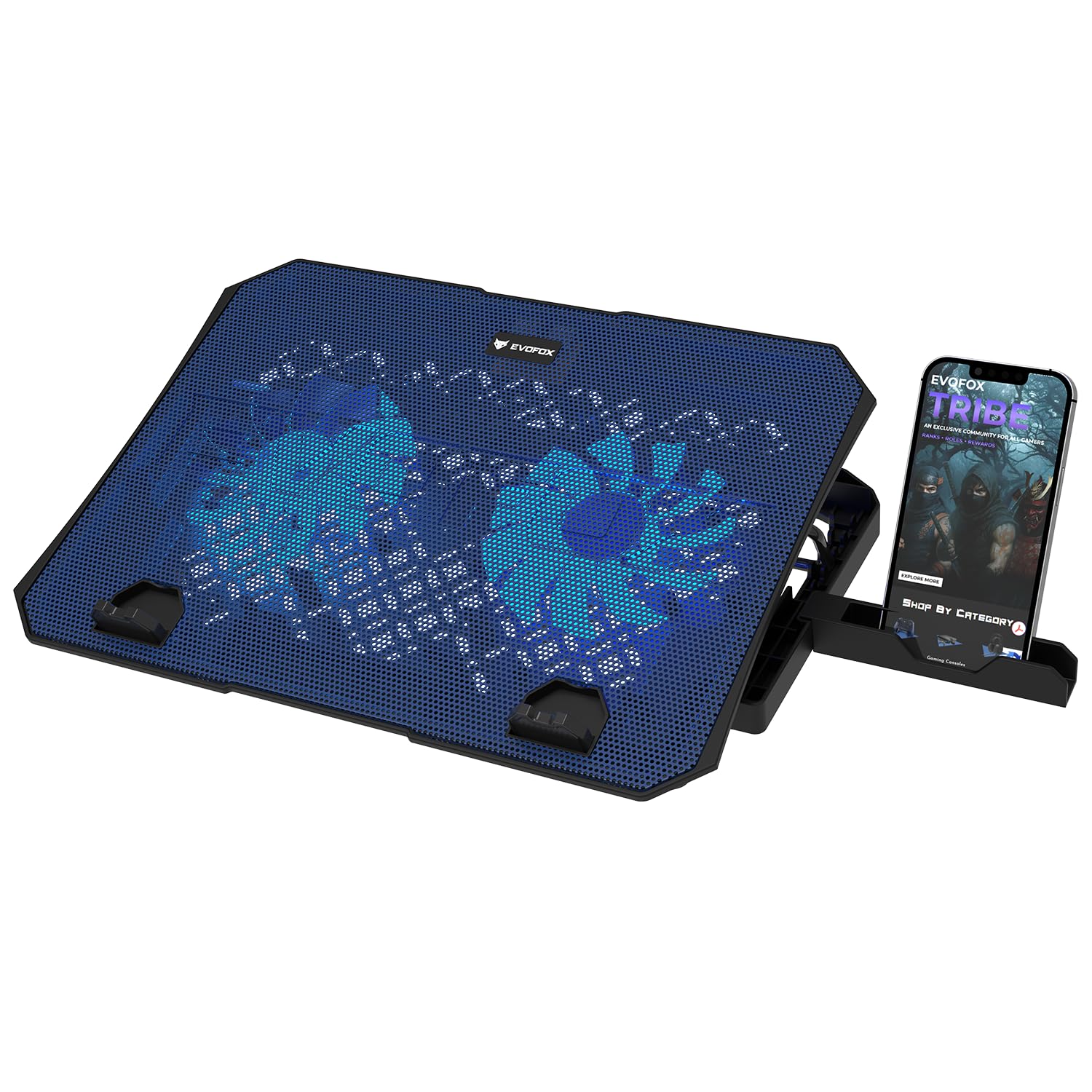 EvoFox Frost Laptop Cooling Pad with Phone Stand, 1000 RPM 2X Silent Fans, 5 Adjustable Angles, LED Lights - 0