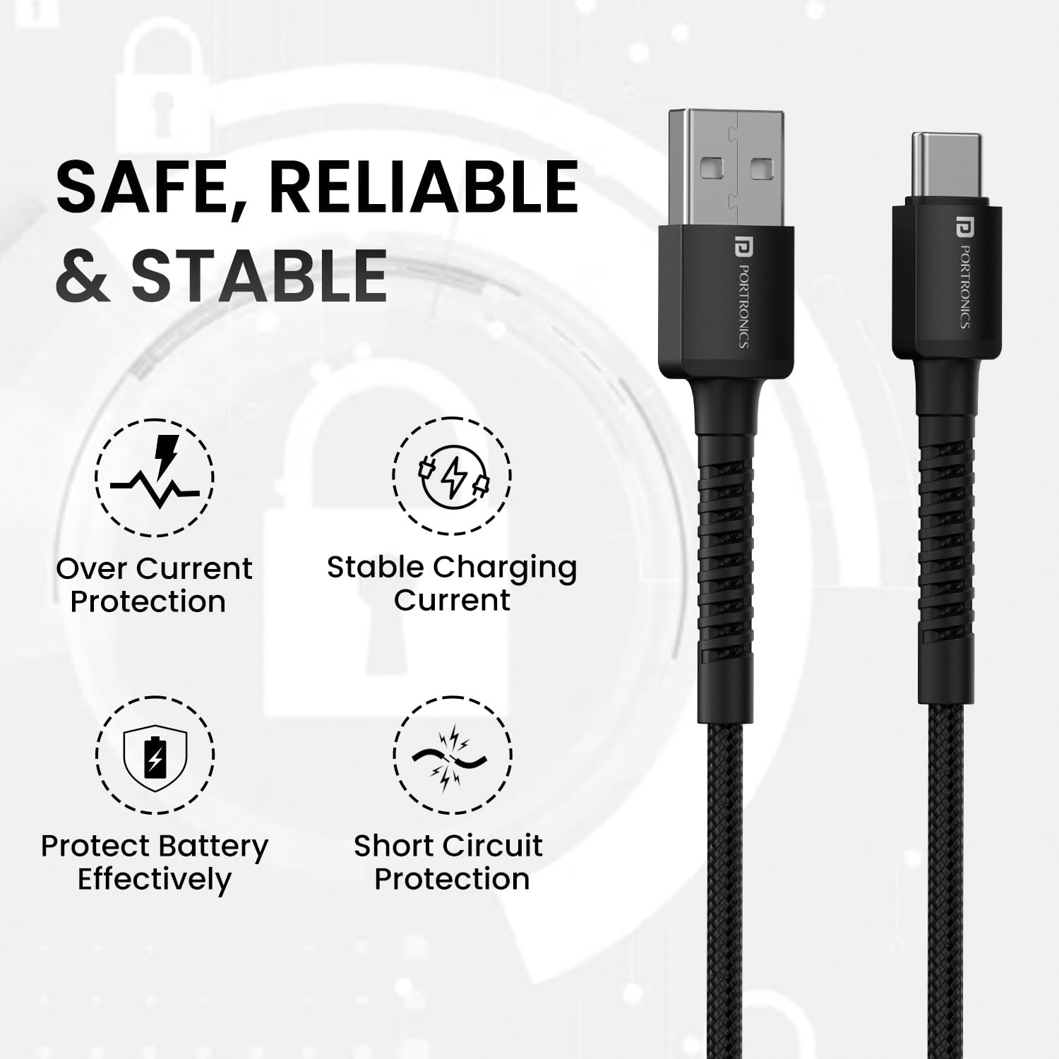 Portronics Konnect X 3A Unbreakable Nylon Braided USB to Type C Fast Charging Cable 2M Long - 1