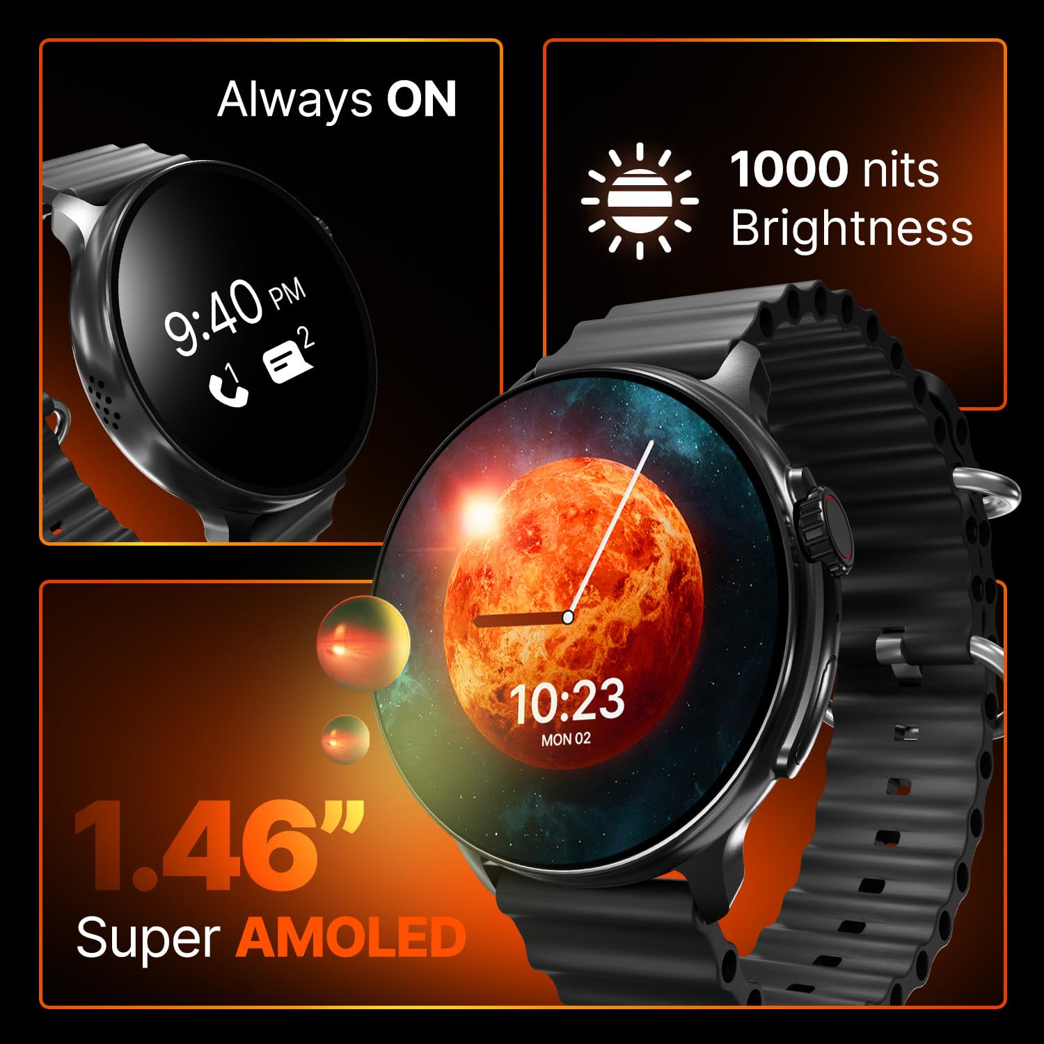 CrossBeats Aura Round 1.46" Super AMOLED Smart Watch, Always On, Advanced AI ENC Bluetooth Calling - 1