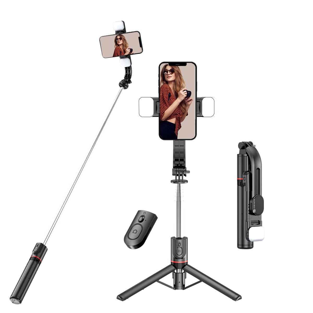 Portronics Lumistick Smart Selfie Stick with 360 Degree Rotation, Bluetooth v5.3, 1160mm Extension Rod, 3 Light - 0