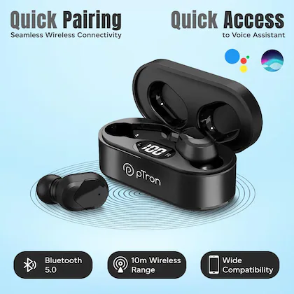 PTron Bassbuds Plus True Wireless Bluetooth 5.0 in Ear Earbuds, Deep Bass, IPX4 Water/Sweat Resistant, Passive Noise Canceling, Digital Display Case - 1