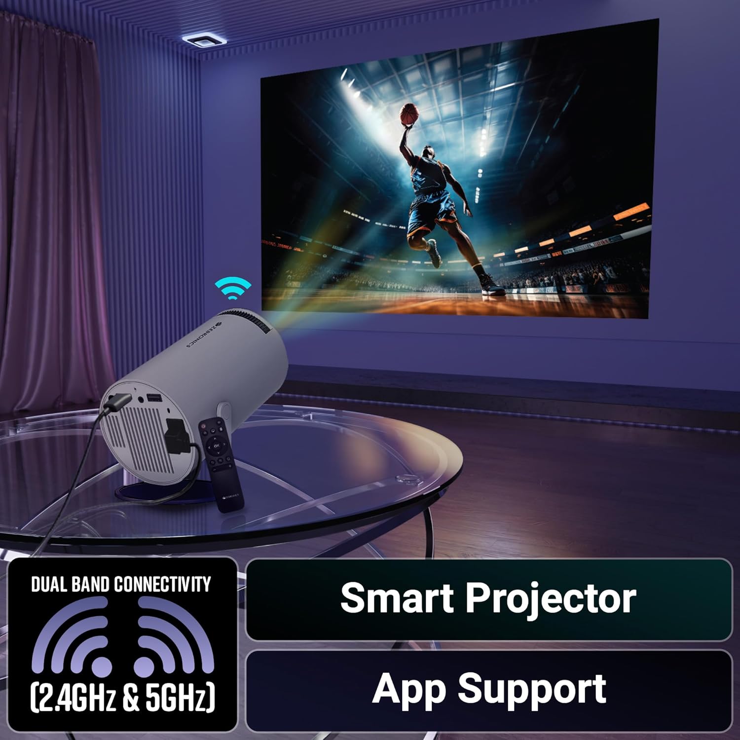 Zebronics PixaPlay 73 Android Smart Projector, 720p Native, Support 4K, OTT Apps 200° Rotatable, 3700 Lumens, Auto Keystone, Miracast, 130" Screen, WiFi|BT - 3