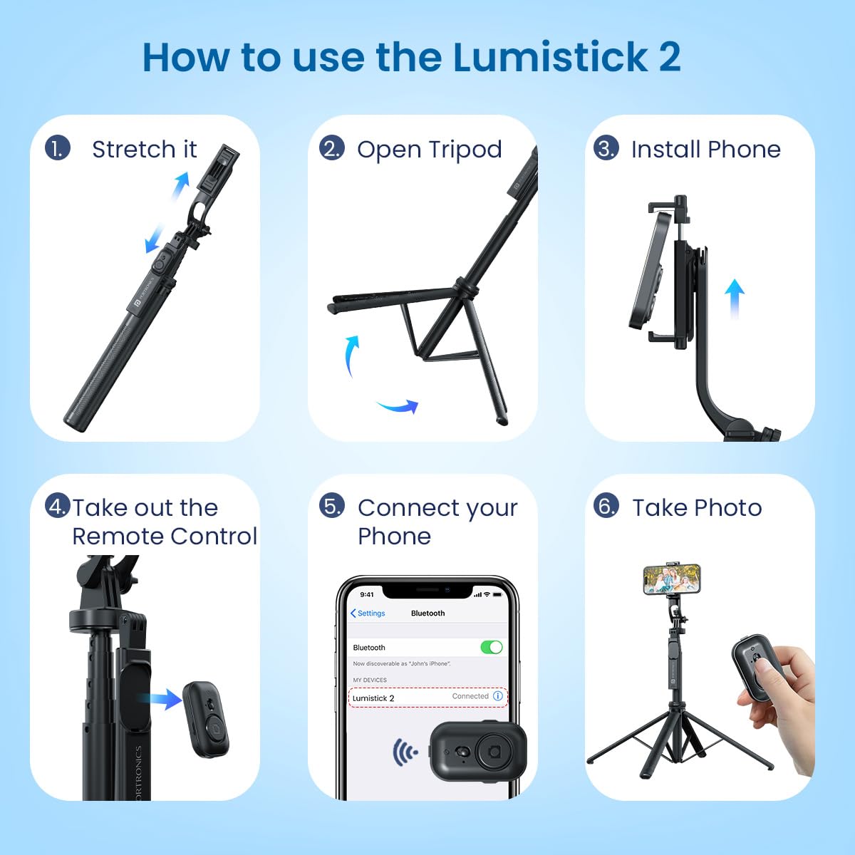 Portronics Lumistick, 2 Portable Smart Selfie Stick with Upto 6ft. Tripod Stand, 3 in 1 Multifunctional Design - 2