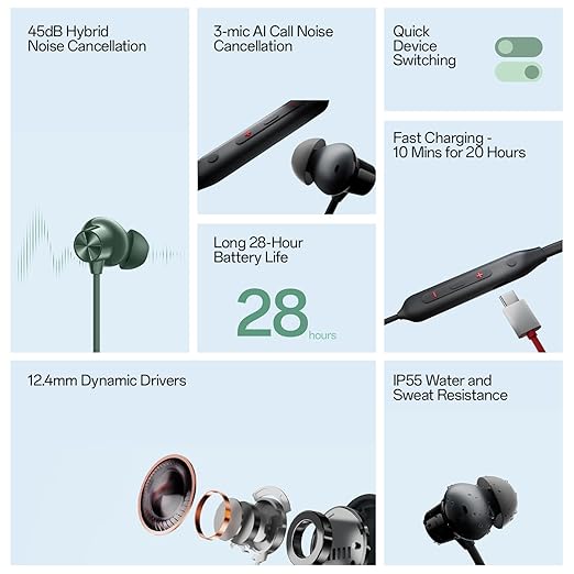 OnePlus Bullets Wireless Z2 ANC Bluetooth in Ear Earphones with Mic, 45dB Hybrid ANC, Bombastic Bass - 12.4 mm Drivers, 10 Mins Charge - 20 Hrs Music, 28 Hrs Battery - 2