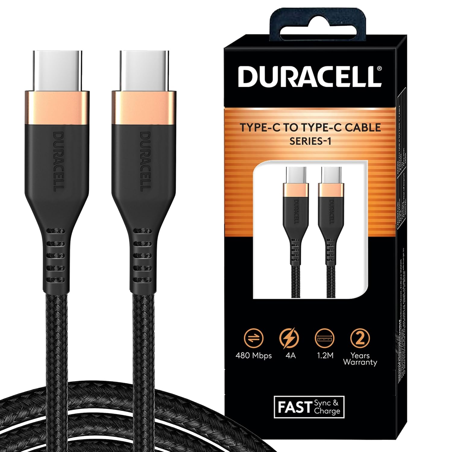 Duracell USB Type C To Type C 4A (60W) Braided Sync & Fast Charging Cable, Compatible With Mobile, Laptop, Tablets & MacBook, 3.9 Feet (1.2M), Support - 0